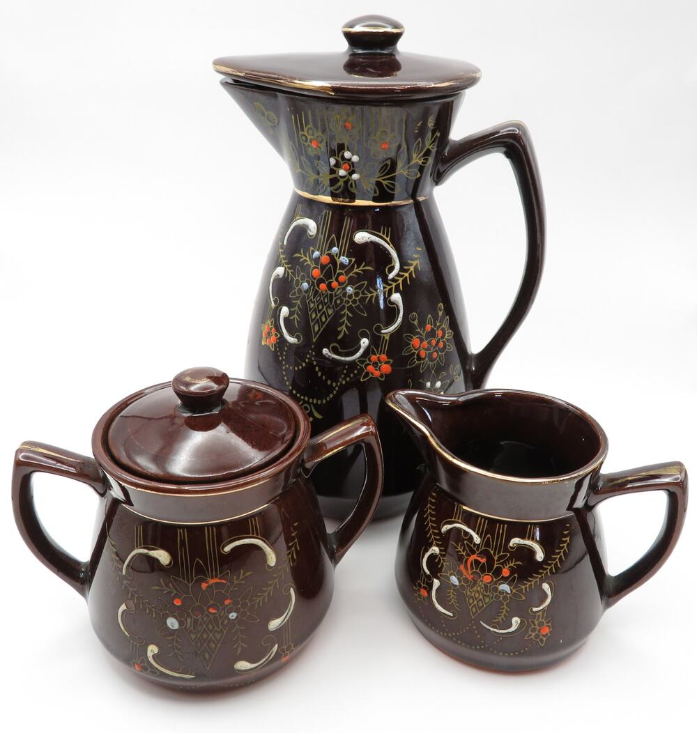 Vintage Japan Redware Moriage Coffee Set Pot, Creamer & Sugar Bowl Brown Floral